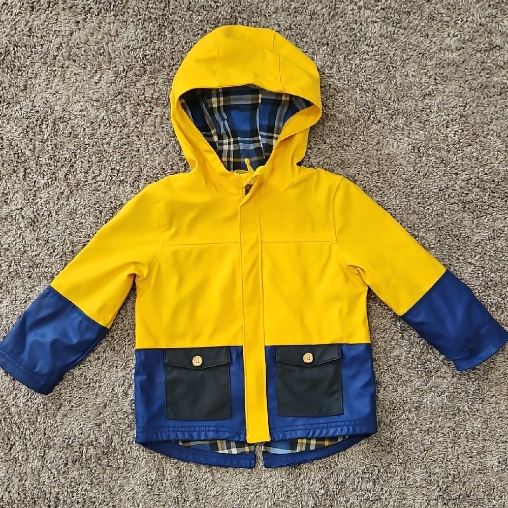 Kids Yellow and Blue Hooded Rain Jacket